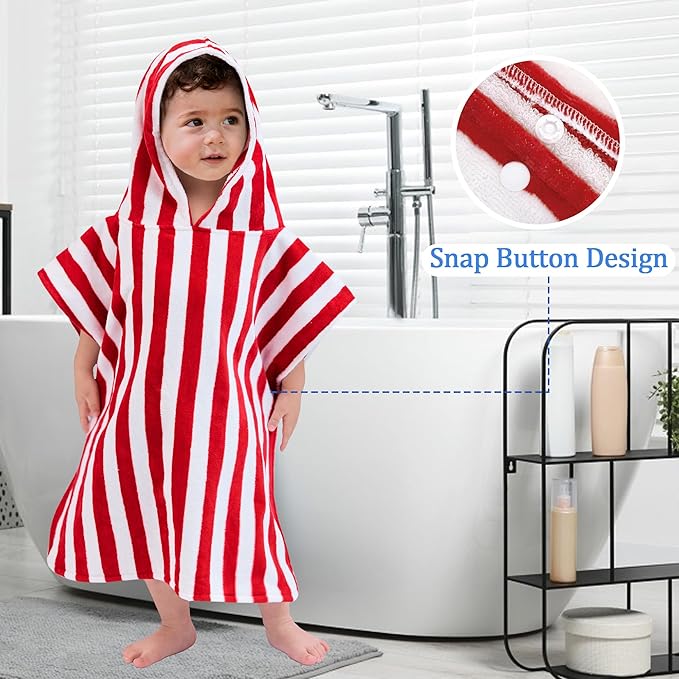 VOOVA & MOVAS Toddler Poncho Towels with Hood, Oversized (2-4Years,22"X22") Made from 100% Soft Cotton,Absorbent Hooded Towels for Baby Girls,Perfect for Pool | Swimming | Bath | Beach,Red Stripe