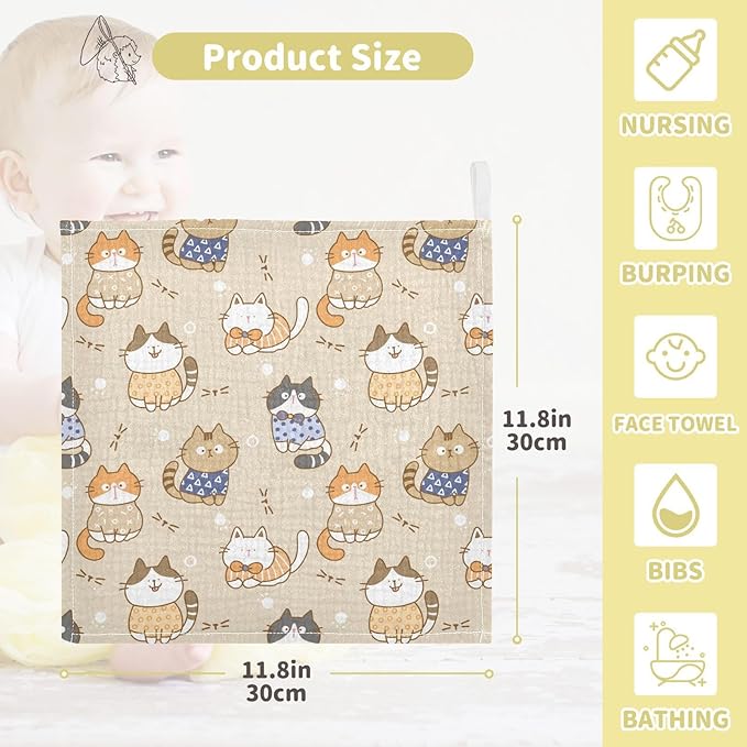 vvfelixl Cute Cats Baby Burp Cloths Baby Muslin Washcloths for Boy Girl Cotton Baby Face Towel for Newborn Infants Soft and Absorbent 11.8 X 11.8 in, 5 Pack