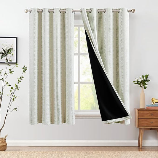 jinchan 95% Blackout Boho Curtains 72 Inch Length for Bedroom Living Room Sage Green on Beige Geometric Printed Grommet Top Room Darkening Thermal Insulated Window Drapes 2 Panels