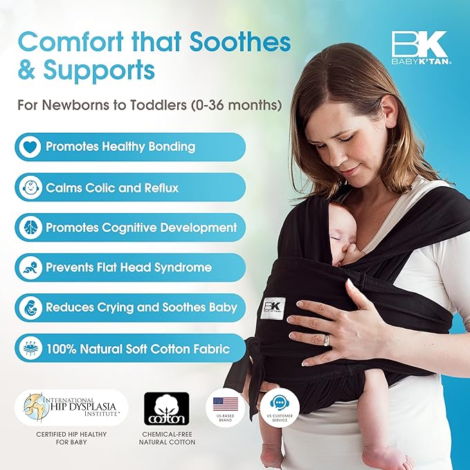 Original Baby K'tan Baby Carrier: #1 Easy Pre-Wrapped, Soft, Slip-On, No Rings, No Buckles | 5 in 1 Baby Sling for Hands-Free Comfort | Black | Large