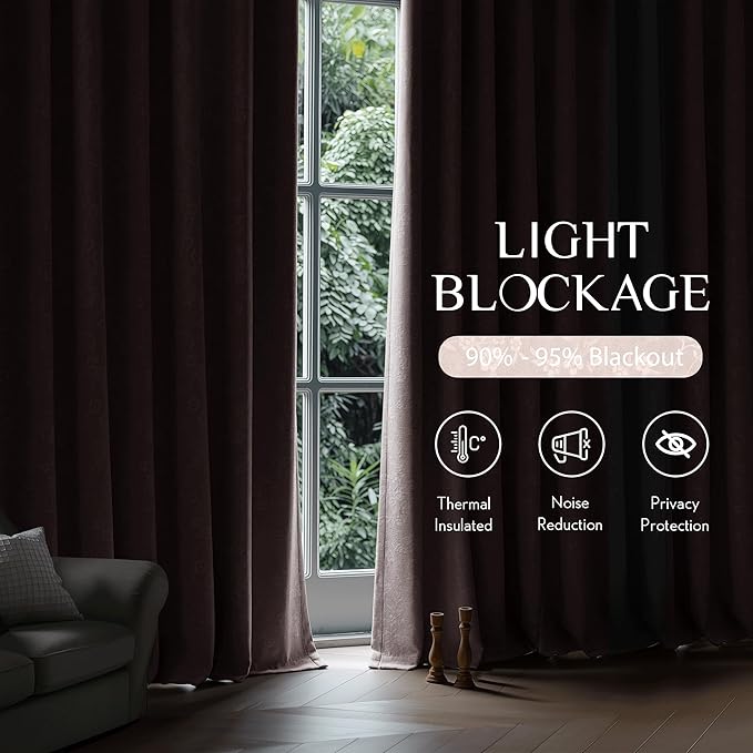 Beauoop Pink Floral Jacquard Blackout Curtains 63 Inches Long 2 Panels for Living Room Bedroom Chenille Flower Room Darkening Thermal Insulated Soundproof Grommet Window Drapes, 52x63 Set of 2