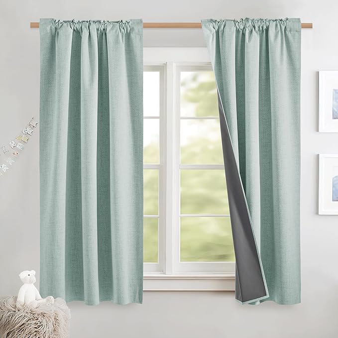 NICETOWN Seafoam Green Thick Linen Blend 100% Blackout Curtains with Grey Liners, Back Tab Thermal Insulated Flax Textured Full Blackout Window Draperies for Kitchen (2 Panels, 42" W by 63" L)
