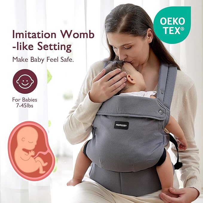 Momcozy Baby Carrier - Ergonomic, Cozy and Lightweight Carrier for 7-45lbs, Effortless to Put On, Ideal for Hands-Free Parenting, Enhanced Lumbar Support, Purehug for Infant to Toddler, Grey