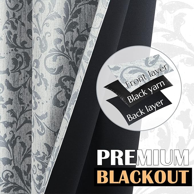 jinchan Blackout Curtains for Bedroom 84 Inches Long Silver Grey Scroll Floral Window Curtains for Living Room Farmhouse Vintage Drapes Thermal Insulated Grommet Window Treatments 2 Panels