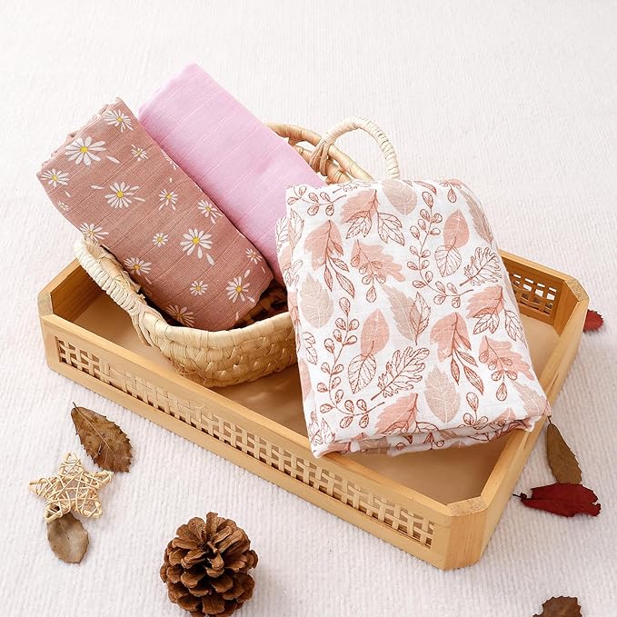 Happy Flute 3 Set Muslin Swaddle Blankets,Essential Baby&Newborn Swaddling,Perfect for Boys&Girls,Receiving Blankets,Nursing,Stroller Cover,Large 47.2x43.3 inches Swaddle Wrap Burping Clothes. (Pink)