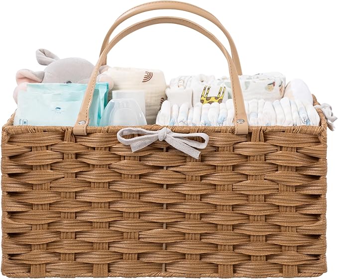 HBlife Large Diaper Caddy Organizer, Washable Waterproof, Portable Plastic Wicker Woven Basket with Divider, Nursery Diaper Station, Baby Shower Gifts Basket & Car Organizer