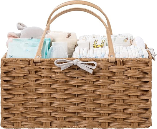 HBlife Large Diaper Caddy Organizer, Washable Waterproof, Portable Plastic Wicker Woven Basket with Divider, Nursery Diaper Station, Baby Shower Gifts Basket & Car Organizer