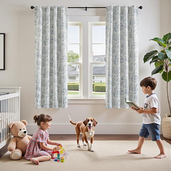 jinchan Blackout Nursery Curtains 63 Inches Long, Bunny Woodland Toile Curtains Blue on Beige Animal Printed Drapes for Bedroom Thermal Insulated Farmhouse Rod Pocket Window Treatment 2 Panels