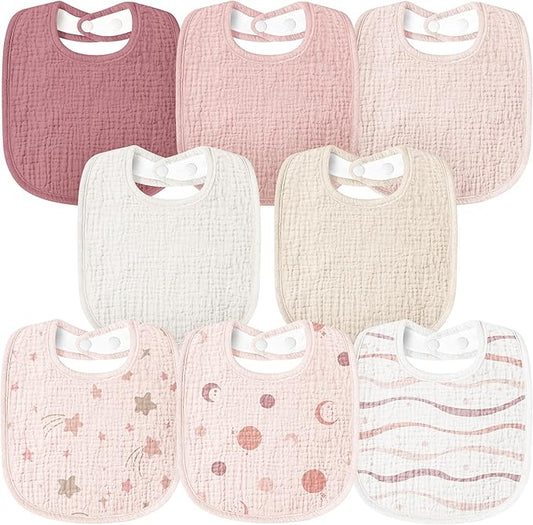 Susurration Muslin Baby Bibs 8 Pack Bandana Drool Bibs, Soft Square Adjustable Baby Drooling Bibs for Unisex Girls & Boys