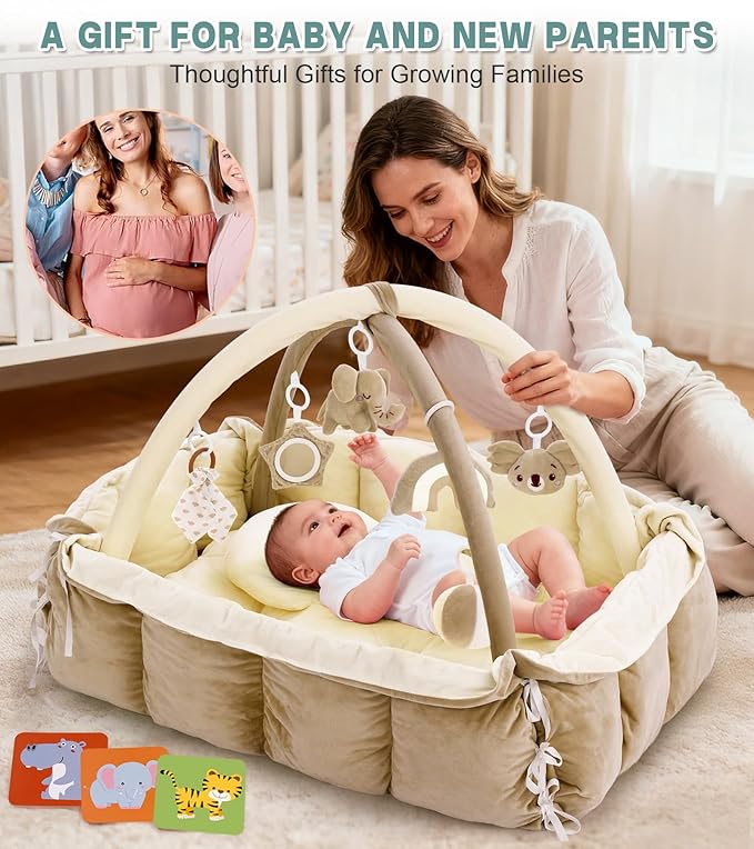 5-in-1 Baby Play Gym and Tummy Time Mat, Tummy Time Pillow & 12 Learning Cards, Plush Activity Mat with 6 Toys, Baby Gym, Convertible to Ball Pit, Cream