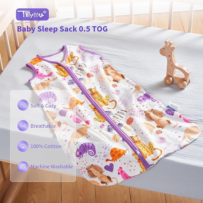 TILLYOU 2 Pack Baby Sleep Sack 18-24 Months 100% Cotton Wearable Blanket 0.5 TOG Sleeveless Summer Sleep Sacks with 2-Way Zipper, Animal Graffiti & Purple