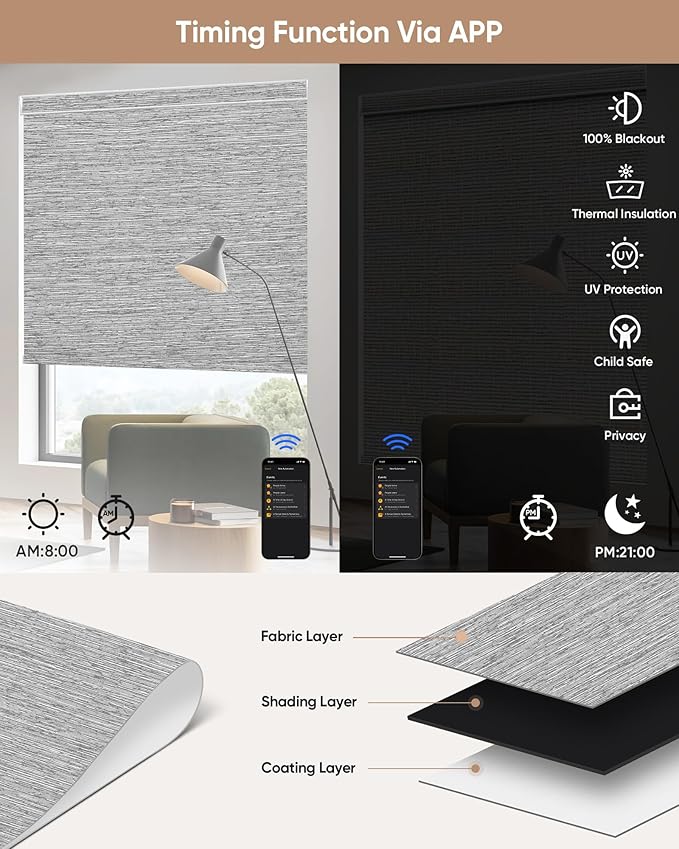 Kincmo Motorized Blinds with Remote,100% Blackout Motorized Roller Shades Work with Apple Homekit,Alexa,Google, Custom Electric Blinds with App,Voice Control (Dreamy Grey)