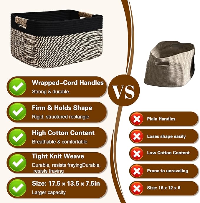 4 Pack Large Storage Basket for Organizing, 17.5"x13.5"x7.5" Woven Basket for Shelves, Closet Cube Storage Bins with Wrapped Handle, Cotton Rope Baskets for Kitchen, Clothes, Toys(Black & Brown)