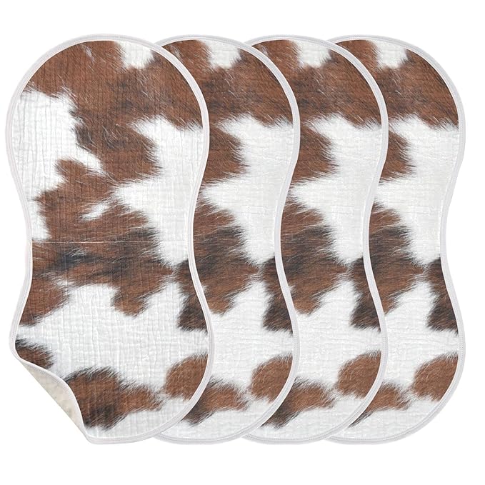 WELLDAY Muslin Baby Burp Cloths Set of 4, Soft Absorbent White Brown Print Cow Muslin Washcloths, Bibs, Face Towel for Newborn Boys Girls, 22 x 11 Inch