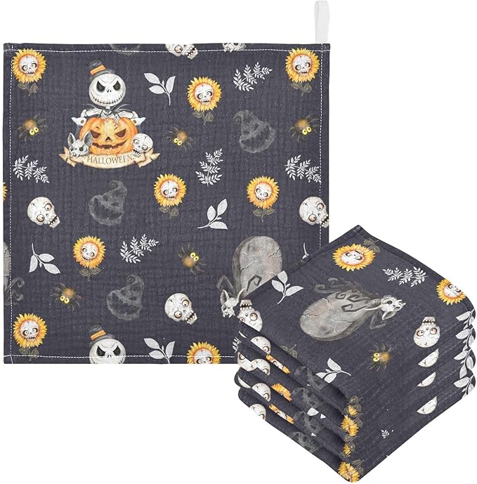 vvfelixl Baby Muslin Washcloths Halloween Skulls Horror Monsters Baby Burp Cloths Cotton Baby Face Towel for Newborn Infants Boys Girls Soft and Absorbent 11.8 X 11.8 in, 3 Pack Black