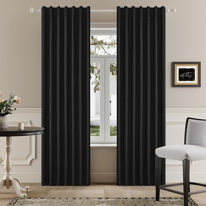 DUALIFE Faux Linen Blackout Black Curtains 80 Inch Long,Farmhouse Burg Back Tab Rod Pocket Curtains Room Darkening Thermal Insulated Drapes for Bedroom Living Room,W50 x L80,2 Panels