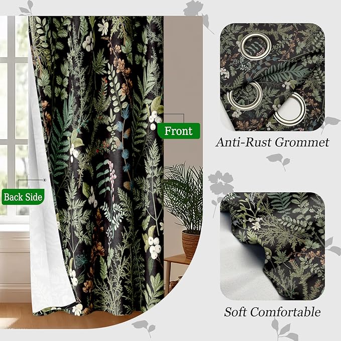 Retro Black Floral Leaf Blackout Curtains, Boho Vintage Botanical Flower Window Drapes, Living Room Bedroom Decor 2 Panels 52x84 Inch