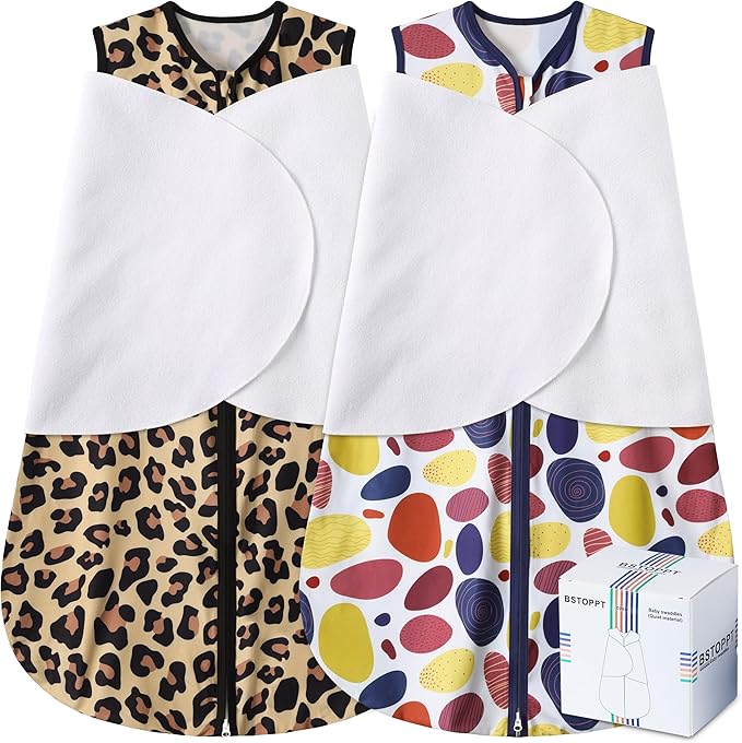 BSTOPPT Newborn Sleep Sack Baby Swaddle,3-Way Adjustable Wearable Blanket,100% Rayon Cotton Swaddling Sleeping Bag，TOG 0.5 (Leopard & Cobble, 6-12 Months)