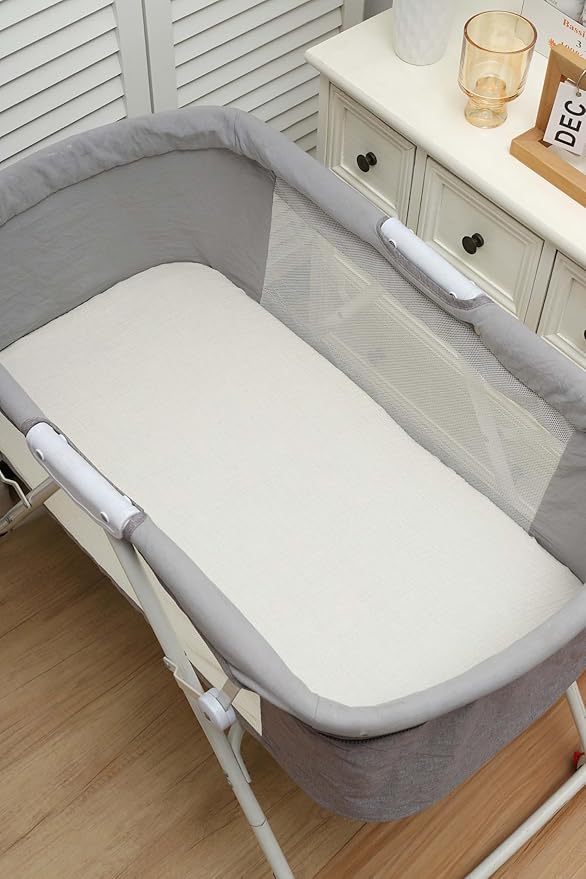 Onacosht Muslin Bassinet Sheets 3 Pack, 100% Cotton Baby Fitted Sheet 33" x 19" Compatible with Mika Micky, KoolaBaby (3 in 1), BabyBond, HARPPA and RICUTON Bedside Bassinet, Leaf and Floral Beige