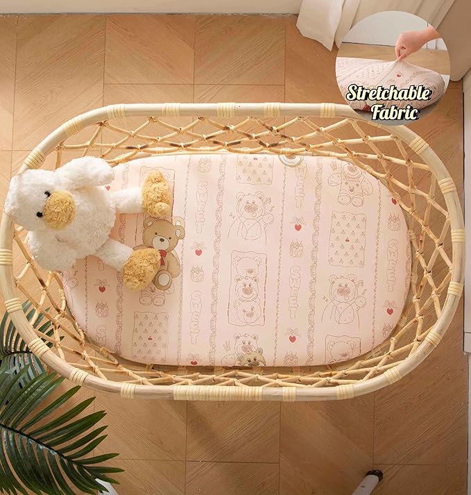 SDY Jersey Bassinet Sheets 2 Pack for Baby Girls,32 "x 16 "x 4", Pink Kawaii Bear Standard Oval/Retangle Bassinet Mattress Sheets for Toddler,Super Soft Breathable