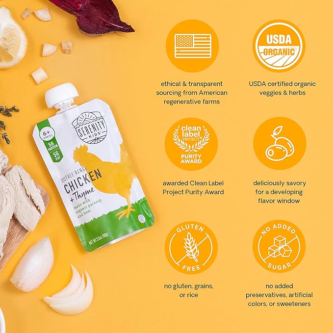 Serenity Kids 6+ Months Baby Food Pouches Puree Made With Ethically Sourced Meats & Organic Veggies | 3.5 Ounce BPA-Free Pouch | Free Range Chicken & Thyme, Parsnip, Beet | 1 Count