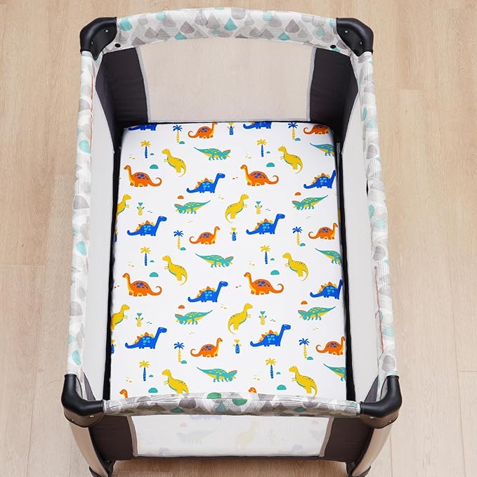 david's kids 3 Pack Mini Crib Sheets, Soft Breathable Premium Pack N Play Sheets for Baby Boys Girls Neutral, Playard and Mini Crib Mattresses, Dinosaur