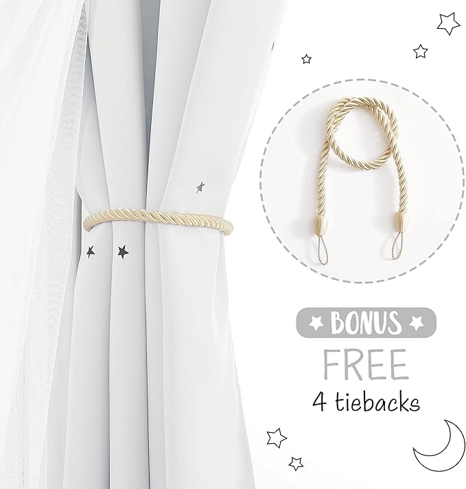 NICETOWN Double Layered Stars and Moon Cut Out Blackout and Sheer Window Curtain Panel for Girls Bedroom, Grommet Window Treatment Drapes for Christmas Decor, 2 Panels, 52W x 63L, Greyish White