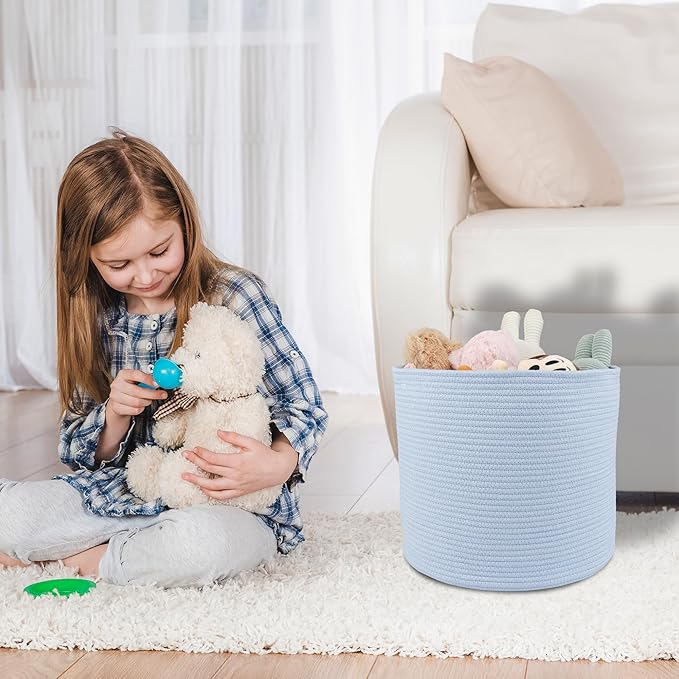 Cotton Rope Basket For Girls Boys Kids 16”X14” Baby Laundry Baskets Nursery Bin Round Woven Basket For Storage Toys Blankets Shoes Clothes blue