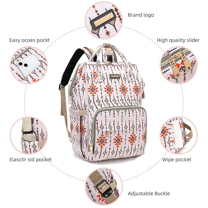 Diaper Bag Backpack, Diaper Bags for Baby Girls Boys, Baby Bags for Moms Dads, Nappy Changing Bag with Insulated Pockets,Multi-functional Waterproof Backpack with Stroller straps-Tribal Orange
