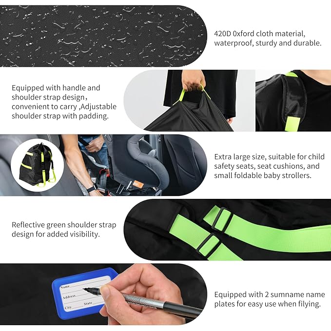 Car Seat Bag for Airplane Travel,Durable Padded Cover with Green Shoulder Straps, Fits All Car Seats, Includes 2 Luggage Tags, Waterproof Travel Bag for Air Travel