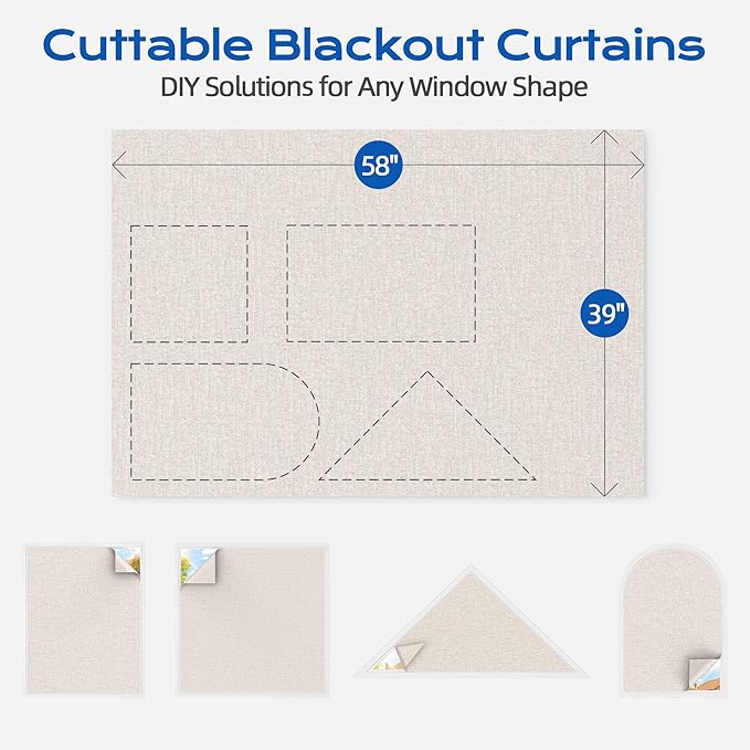 Linen Blackout Curtains for Bedroom, 39" x 58" Portable Black Out Blinds with 20 Sets Hooks & Loops Strips for 100% Blackout Window Film, Temporary Black-out Shades for Windows Cover Travel RV- Cream
