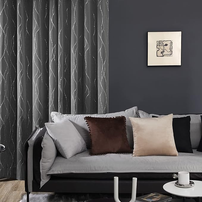 Deconovo Kitchen Curtains, Short Blackout Drapes 42 x 54 Inch, Thermal Insulated Soundproof Grommet Drape, Silver Wave Dots Foil Print Curtain for Small Windows, Living Room, Light Grey, Set of 2