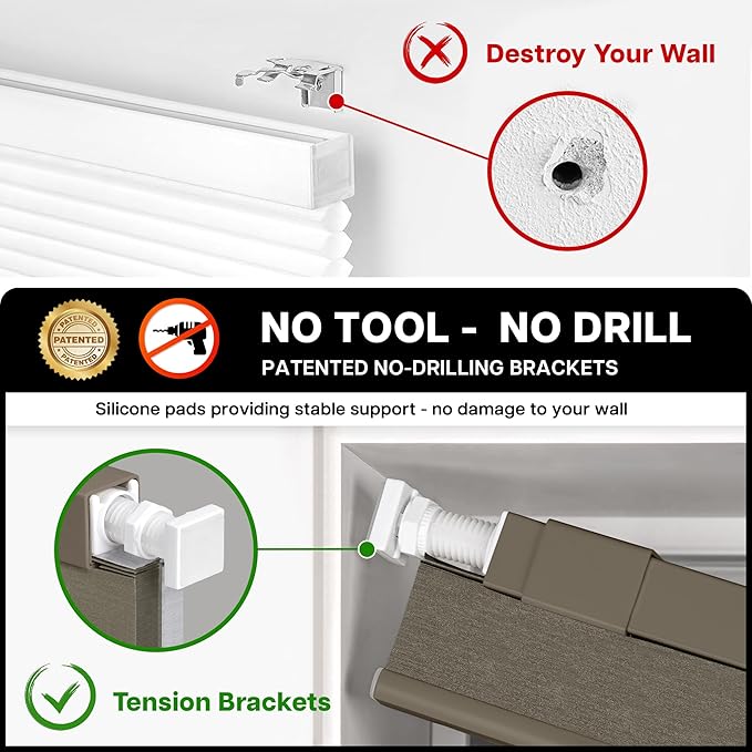 LazBlinds Cordless Cellular Shades, No Tools No Drill Blackout Honeycomb Shades Pleated Blinds for Windows, 24" W x 64" H, Dark Coffee