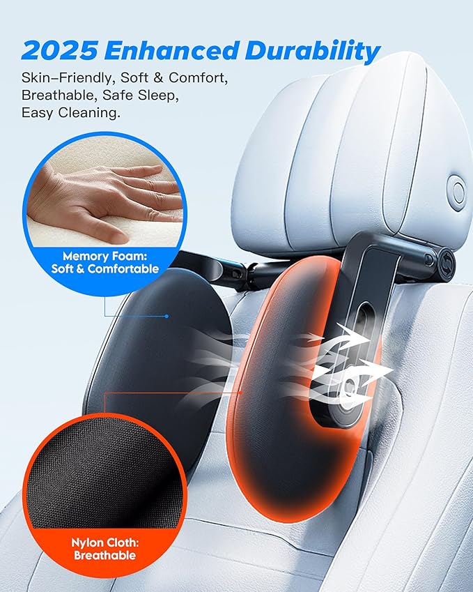 Car Headrest Pillow, 2025 Upgrade 360° Rotating Travel Headrest, 3-Point Linkage Adjustable, Thickened Breathable Memory Foam Headrest, Travel Car Sleeping Pillow for Kids, Adults
