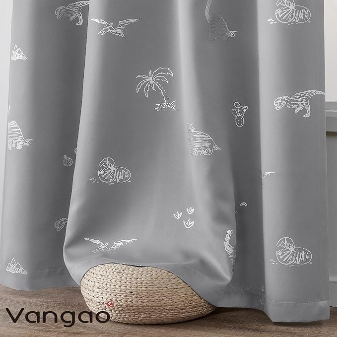Vangao Grey Kids Curtains 84 Inches Length for Bedroom Blackout Dinosaur Curtains for Boys Kids Nursery Girls Room Silver Dino Foil Printed Thermal Insulated Drapes Grommet Top 2 Panels