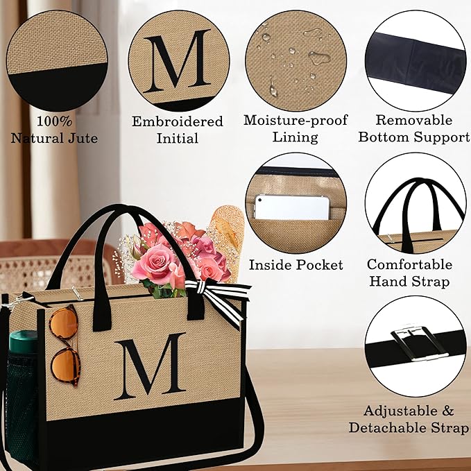 YOOLIFE Valentines Day Gifts for Her - Initial Jute Tote Bag & Makeup Bag, Birthday Gifts for Women Teacher Mom Wife Friend