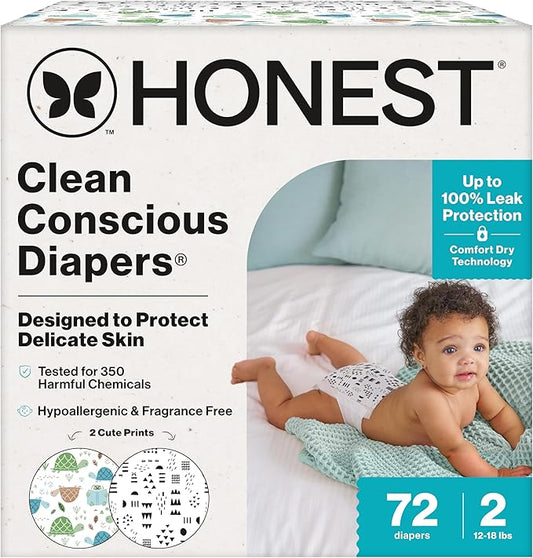 The Honest Company Comfort Dry Disposable Diapers for Sensitive Skin, Hypoallergenic, Fragrance-Free, Turtle Time + Pattern Play, Club Box Size 2 (12-18 lbs), 72 Count