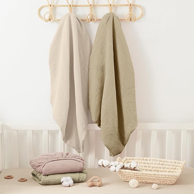 Bearmoss Muslin Mini Crib Sheets for Pack N Play Mattress - 100% Cotton - 38"x26" Soft Breathable Playard Baby Crib Sheets Neutral for Boys Girls - 2 Pack (Oat Latte)