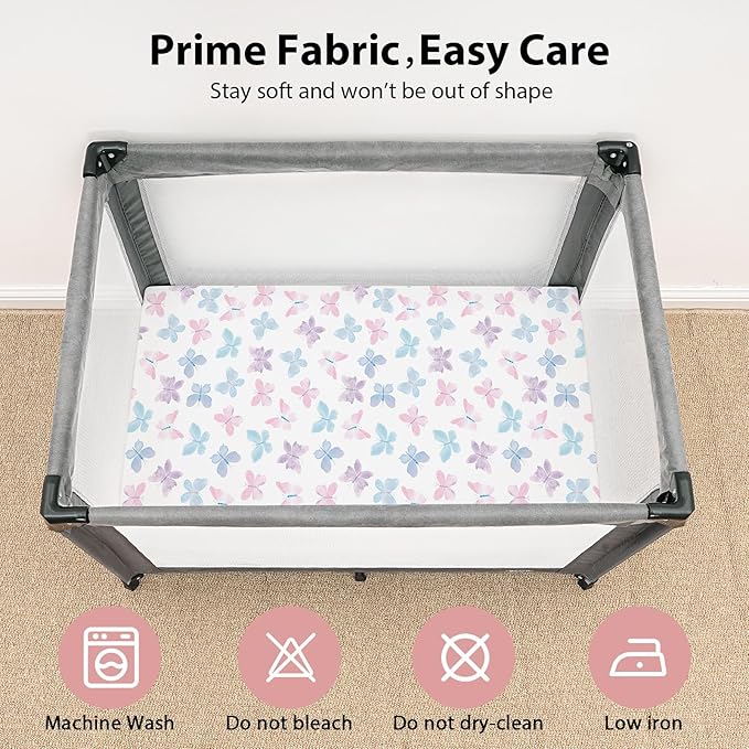 Baby Mini Crib Sheets Girl, Portable 38”x26” Pack and Play Sheets Fitted for Playard and Pack N Play Mattress, 3-Pack Soft Microfiber Pink Butterfly Flower