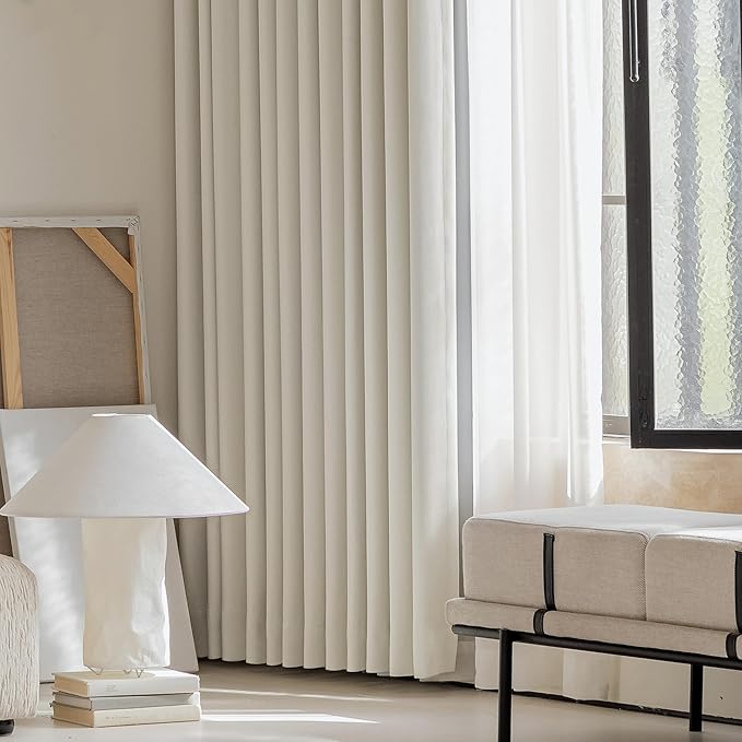 FMFUNCTEX 100% Beige Blackout Curtains for Living Room, Cream Weave Textured Curtains 108 Inches Long Thermal Insulated Curtain for Bedroom, Farmhouse Drapes Grommet Room Darkening 2 Panels