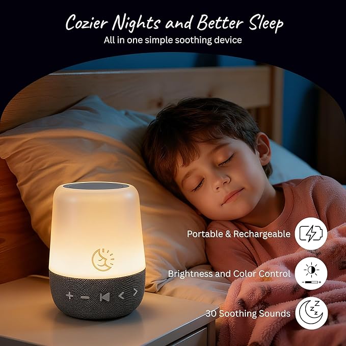 White Noise Machine with 30 Sounds + 18 Colors – Digital Sleep Aid with Amber Night Light for Blue Light Blocking, Touch Control, Rechargeable Battery & Timer for Adults & Babies