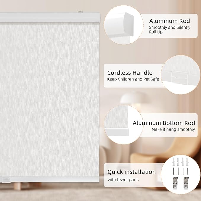 ChrisDowa Cordless Blackout Roller Shades for Windows, Striped Free-Stop Window Blinds with Privacy, Thermal Insulated Window Shades for Home, Office and Door. White, 29" W x 72" H