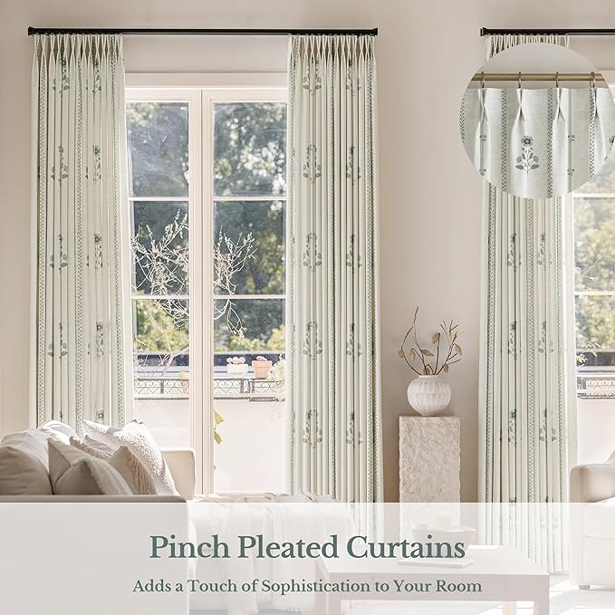 Pinch Pleated Curtains Luxury Light Filtering Floral Curtains for Living Room Bedroom Dining Room - 95 Inches Linen Drapes Farmhouse Window Curtains with Hooks and Rings - 2 Panels Set, 40" W x 95" L