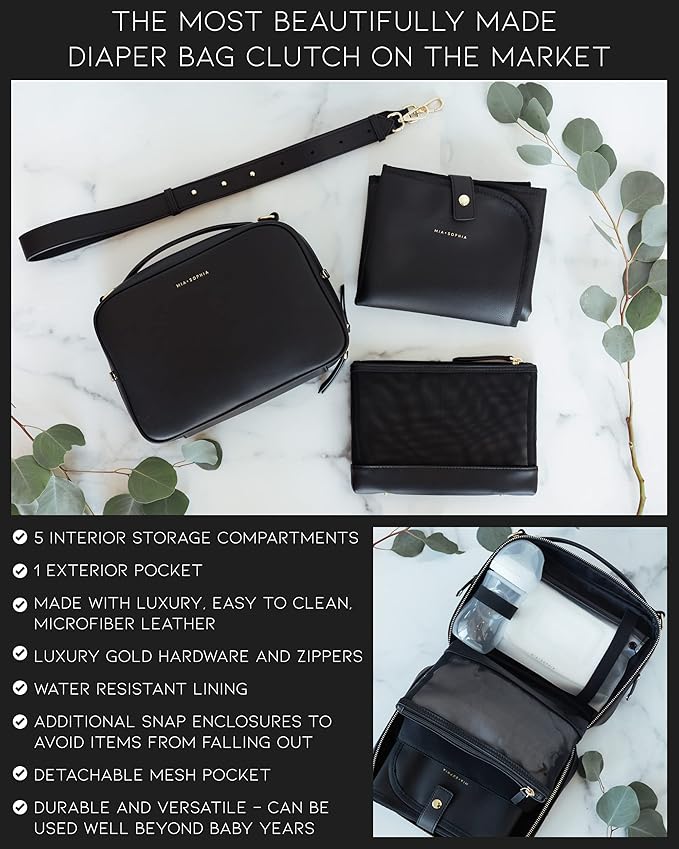 MIA + SOPHIA Crossbody Diaper Bags - Diaper Clutch Includes Leather Portable Changing Pad and Removable Pouch Organizer, Small Diaper Bag Features 6 Compartments - Black
