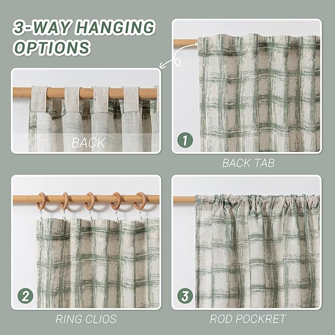MYSKY HOME Living Room Curtains Nice Vertical Elegant Style for Patio Pergola Gazebo, Soft Touch Plaid Light Filtering Drapes for Doorways Sliding Glass Door, 50" Wide x 95" Long, Sage Green, 2 PCs