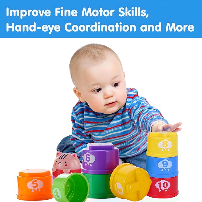 Stacking Cups Baby Toy Set, Nesting Stacking Toys for Toddlers 1-3 Montessori Toys for 1 Year Old Babies 6-12-18 Month Stackable Number Blocks Infant Sensory Bath Easter Basket Stuffers Gifts