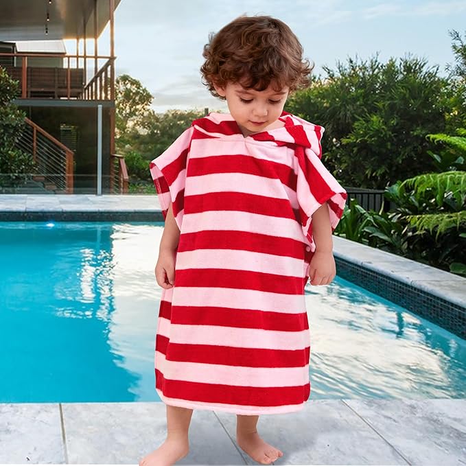 VOOVA & MOVAS Toddler Poncho Towels with Hood, Oversized (2-4Years,22"X22") Made from 100% Soft Cotton,Absorbent Hooded Towels for Baby Girl,Perfect for Pool | Swimming | Bath | Beach,Red Bar Stripe