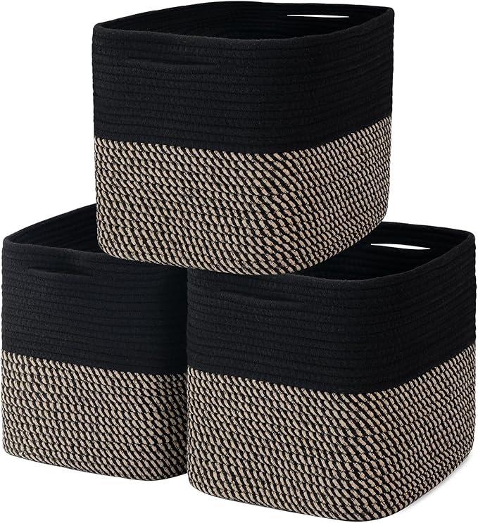 Cube Storage Bin 11" x 10.5" x 10.5" Cotton Rope Basket Square Woven Storage Basket for Shelves, Closet Organizer, Soft Towel Sock Basket, Black/Brown, 3 Pack