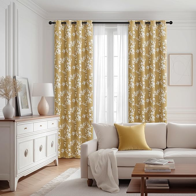 FMFUNCTEX 100% Blackout Floral Curtains for Living Room, Mustard Yellow Curtain 96 inches Long Blossom Patterned for Bedroom, Thermal Insulated Farmhouse Drapes, Grommet Top 2 Panels (White on Yellow)