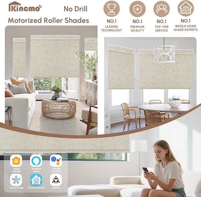 Kincmo No Drill Motorized Blinds with Remote, 100% Blackout Roller Shades for Windows, Custom Electric Blinds Compatible with Alexa, Apple Homekit, Google Home (100% Blackout Linen Stone)